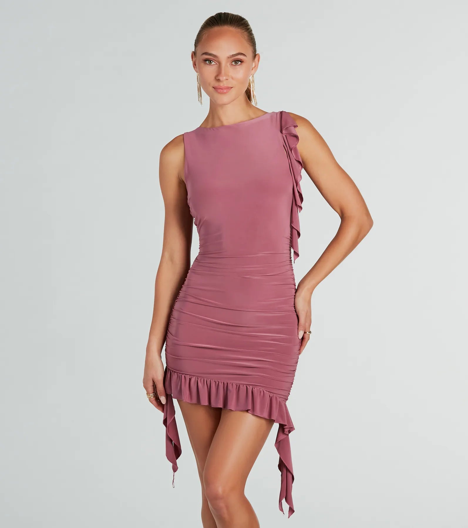 Chic Status Ruffled And Ruched Mini Dress