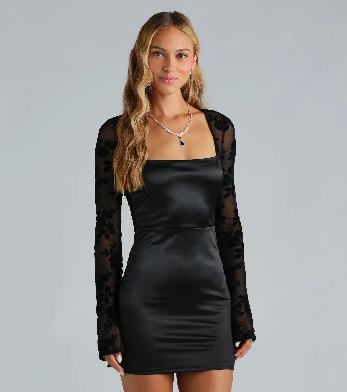 Love For Chic Flocked Mesh Satin Mini Dress