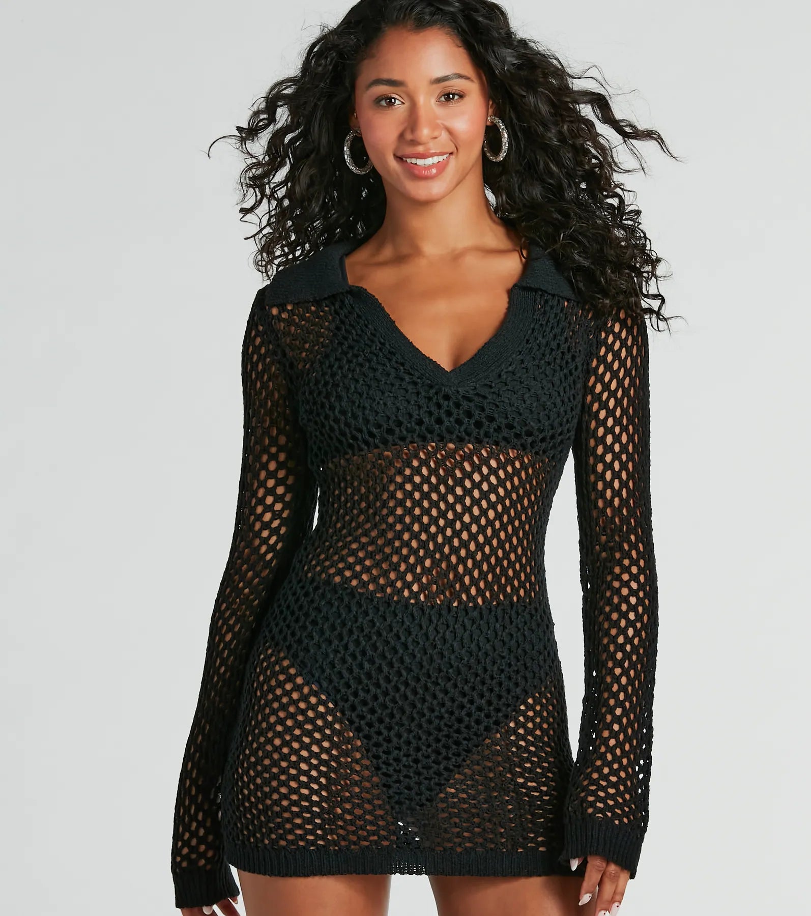 Strolls On The Beach V-Neck Crochet Mini Dress