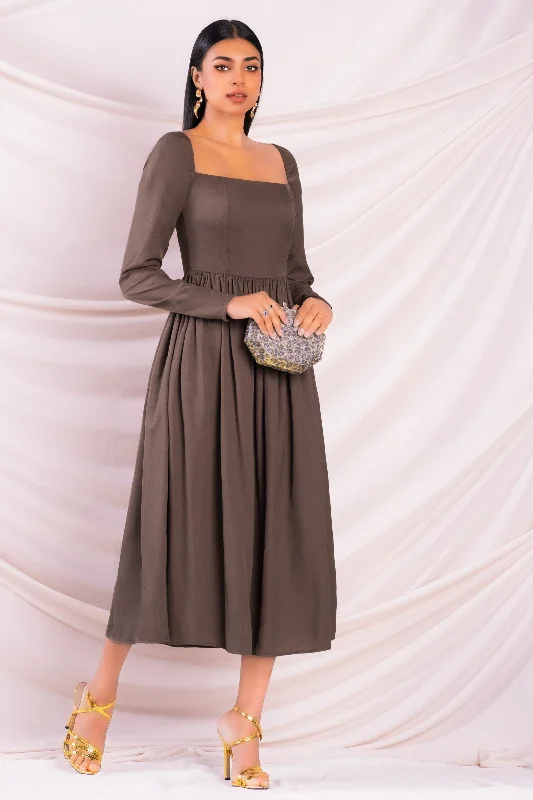 Brown Square Neck Midi Dress