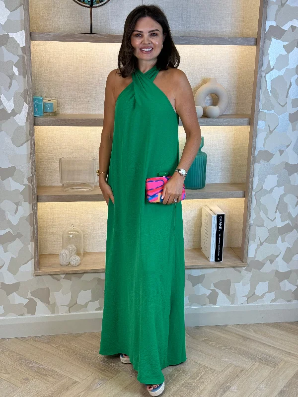 Frankie Halter Neck Maxi Dress In Green