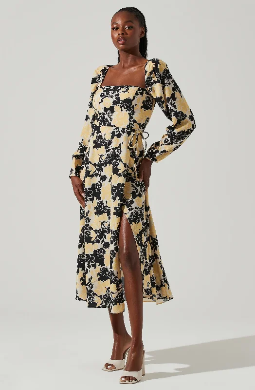 Hayden Floral Square Neck Tie Waist Midi Dress