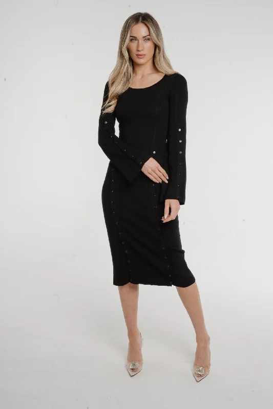 Holly Button Detail Knit Midi Dress In Black