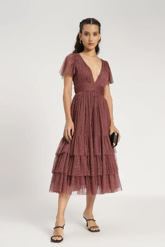 Madison Rose Brown Tulle Bridesmaid Midi Dress