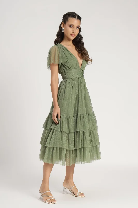 Madison Soft Olive Tulle Bridesmaid Midi Dress