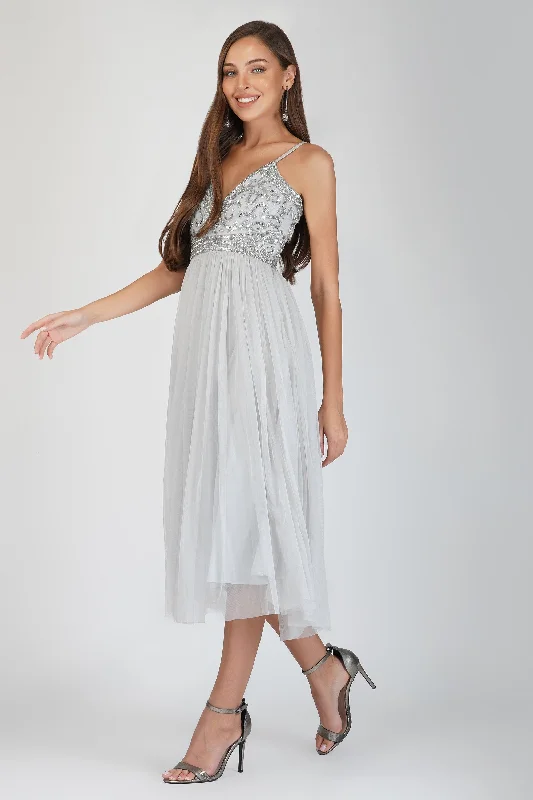 Ruhi Embellished Midi Dress in Grey