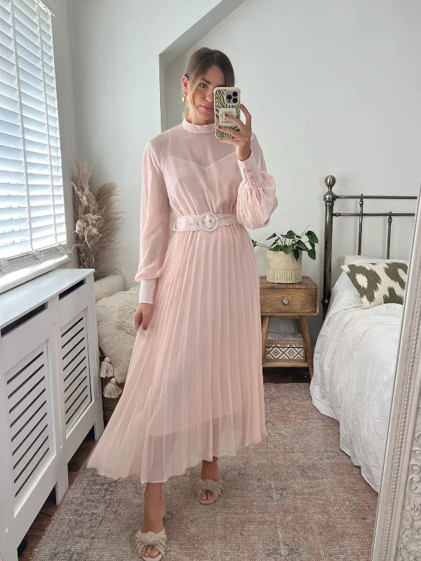 Angelina High Neck Pleated Dress / Blush