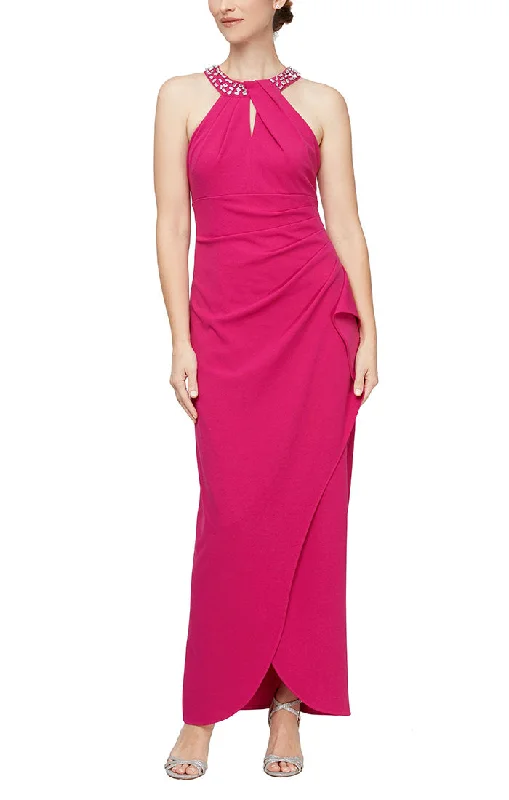 Beaded Halter Neck Matte Jersey Dress with Side Ruching at the Waist