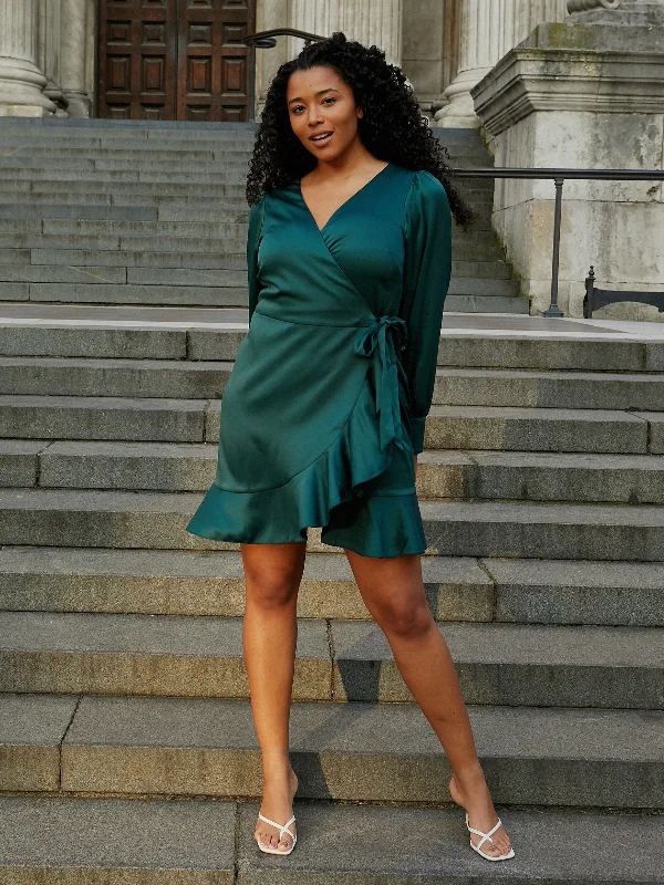 Bobbi Wrap Satin Mini Dress / Forest Green