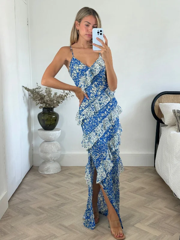 Cordelia Frill Maxi Dress in Blue