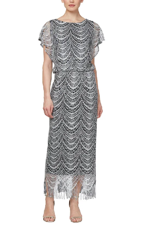 Metallic Crochet Blouson Dress with Fringe Trim