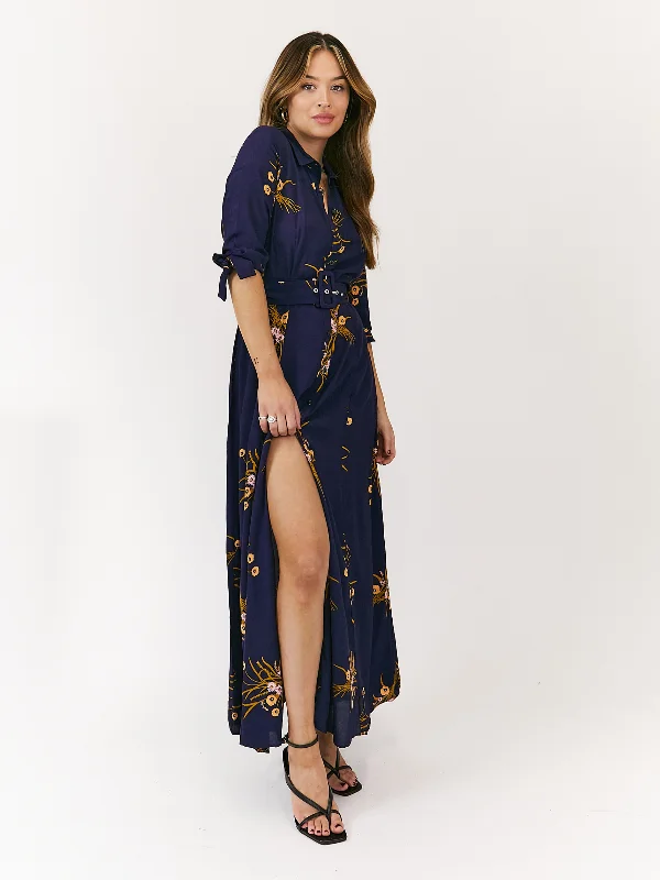 Daphne Belted Shirt Dress / Navy Floral Print