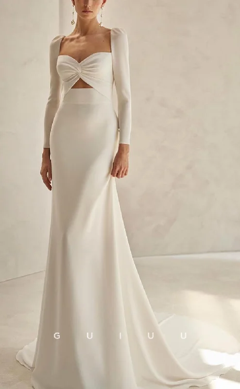 GW652 - Chic & Modern Sheath Sweetheart Long Sleeves Cut-Outs Draped Wedding Dress with Sweep Train