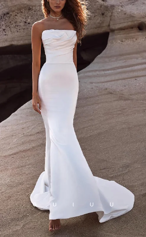 GW674 - Chic & Modern Mermaid Strapless Draped Boho Wedding Dress with Overlay and Sweep Train