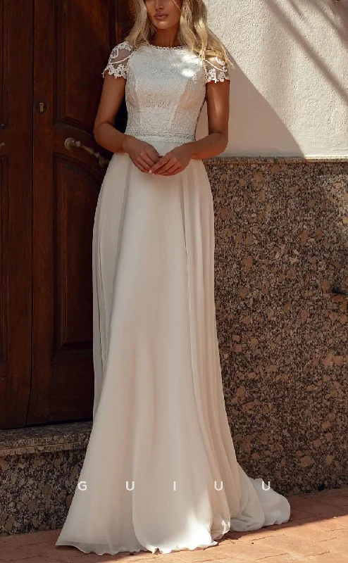 GW714 - Chic & Modern A-Line Bateau Appliques Draped Boho Wedding Dress with Cap Sleeves