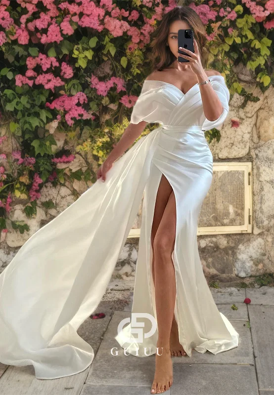 GW816 - Sexy & Hot Off-Shoulder Ruched Stain  Wedding Dress with High Side Slit and Court Train