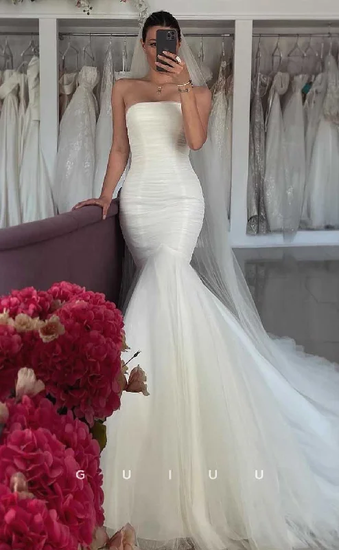 GW819 - Sexy & Hot Strapless Sleeveless Ruched Mermaid Beach Wedding Dress with Court Train