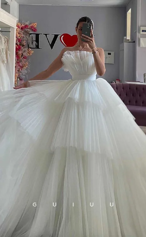 GW827 - Unique A-Line Sleeveless Tulle Tiered Wedding Dress with Court Train