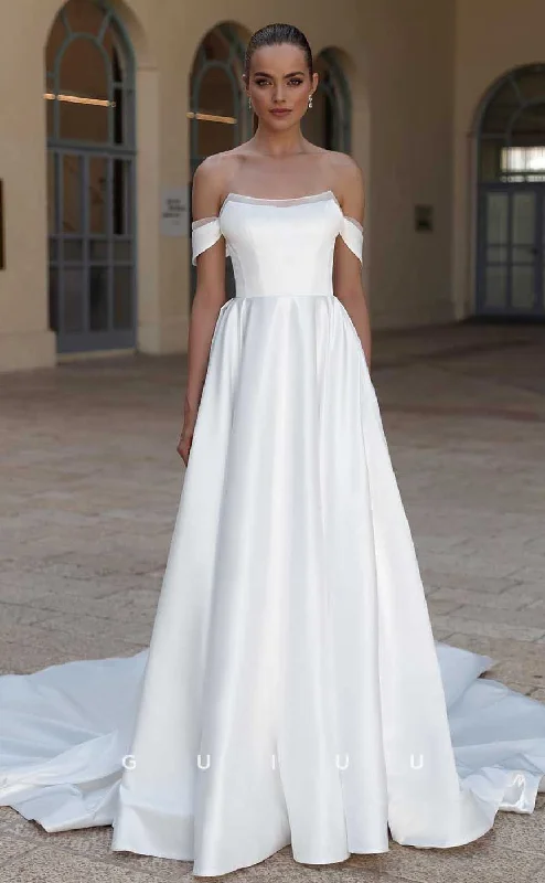 GW834 - Elegant A-Line Boat Neck Off-Shoulder Stain Wedding Dress with Court Train