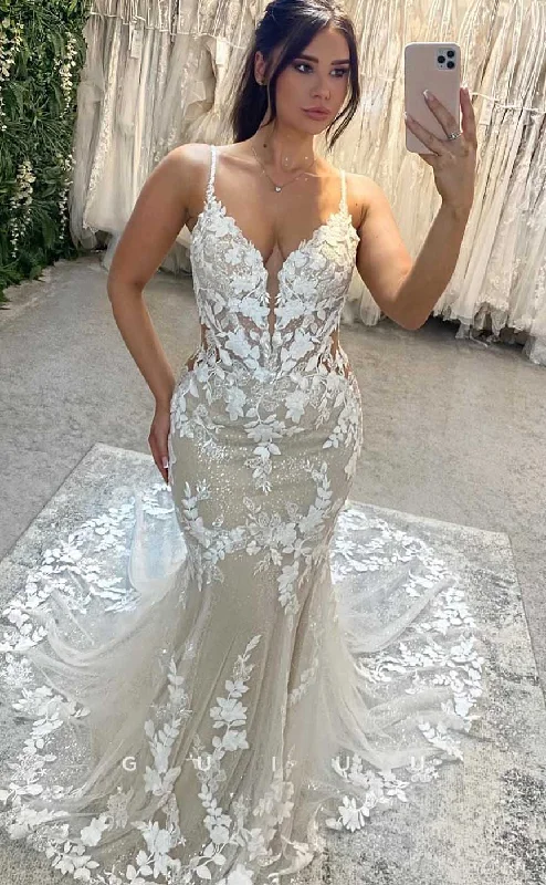 GW858 -  Deep V Neck Straps Appliques Backless Mermaid Boho Wedding Dress with Slit