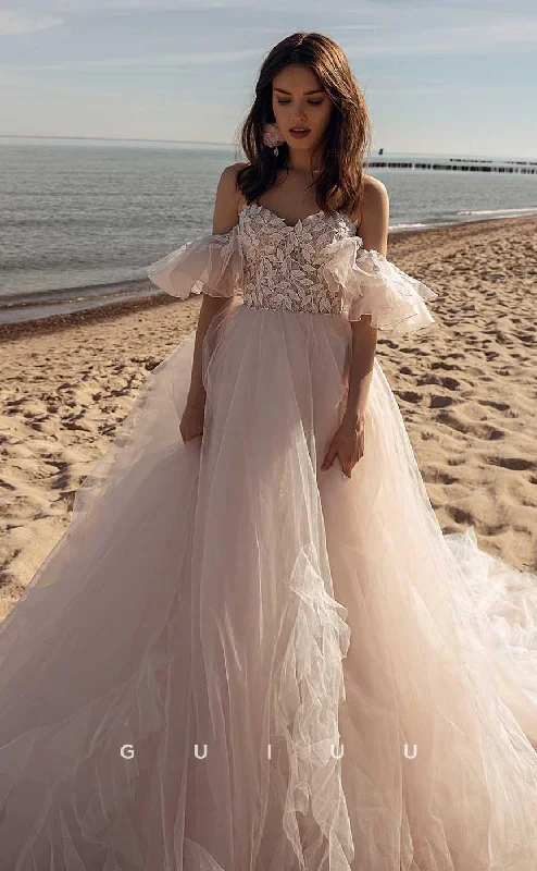 GW898 - A-Line Off-Shoulder Appliques Court Train Boho Beach Wedding Dress with Train