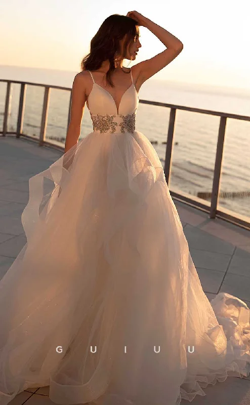 GW900 -  A-Line V Neck Straps Beaded Tulle Tiered Court Train Wedding Dress