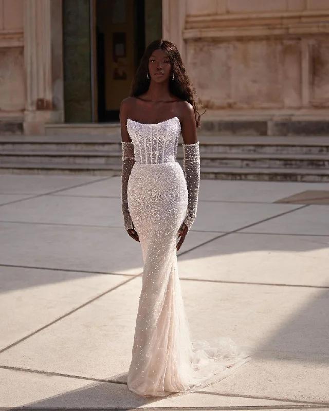 GW920 - Boat Neck Long Sleeves Pleated Fully Beaded Mermaid Wedding Dress