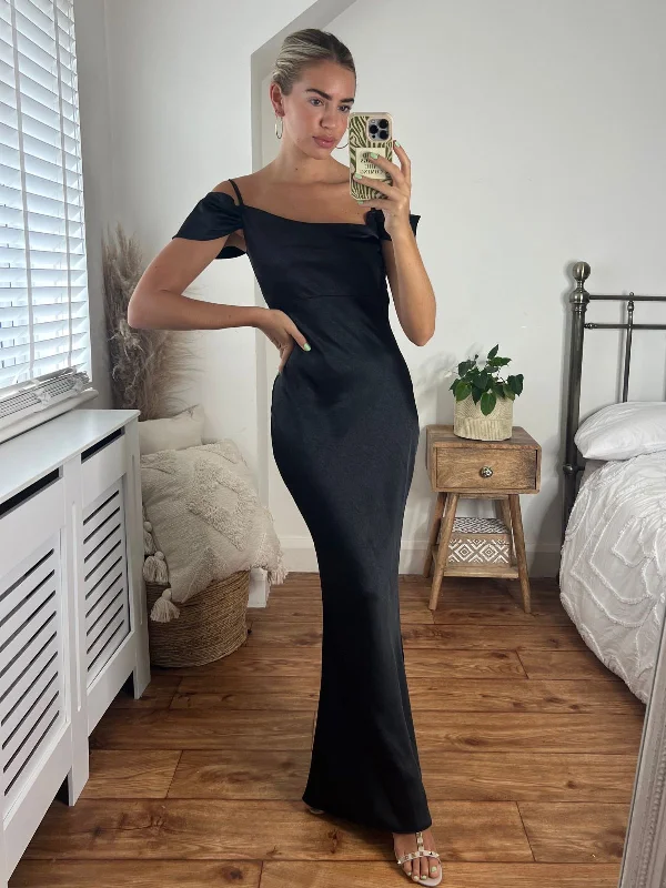 Felicity Cold Shoulder Satin Maxi Dress / Black