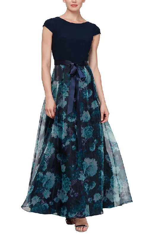 Gown with Floral Printed Organza Skirt & Jersey Bodice