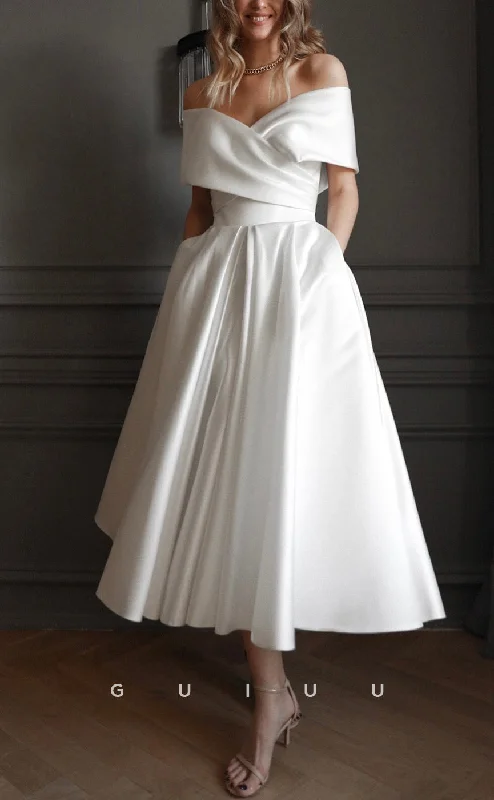 GW286 - Elegant & Luxurious Off-Shoulder Satin Long Beach Boho Wedding Dress