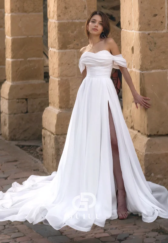 GW312 - Elegant & Luxurious A-Line Off-Shoulder Beaded Tulle Beach Boho Wedding Dresses