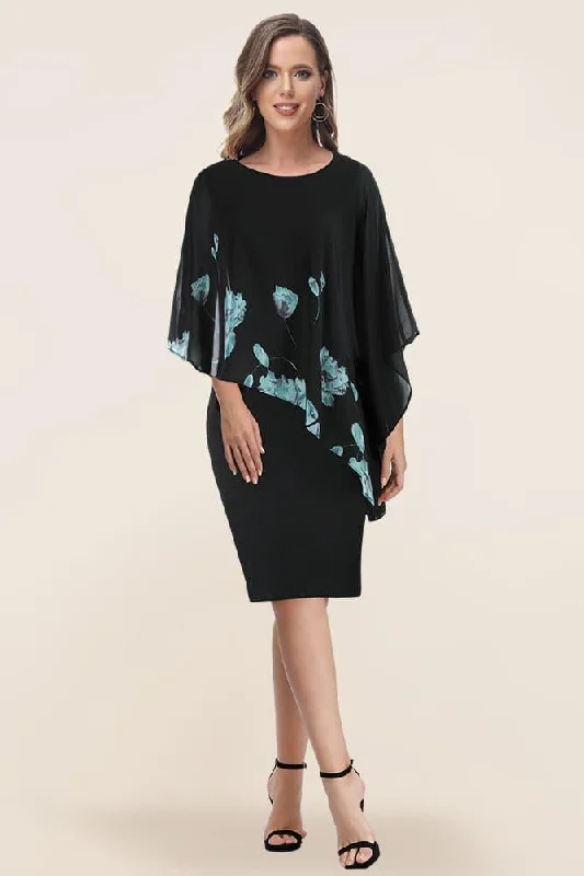 HN Chiffon Capelet Decorated Dress Crew Neck Knee Length Pencil Dress