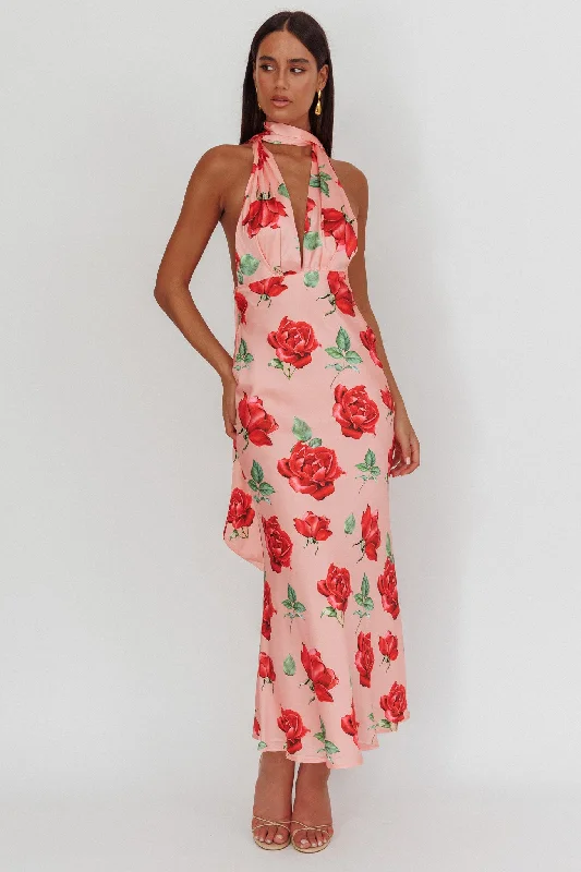 Italia Azure Halterneck Maxi Dress Rose