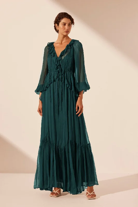 LAYLA DRAWSTRING RUFFLE MAXI DRESS - DARK TEAL