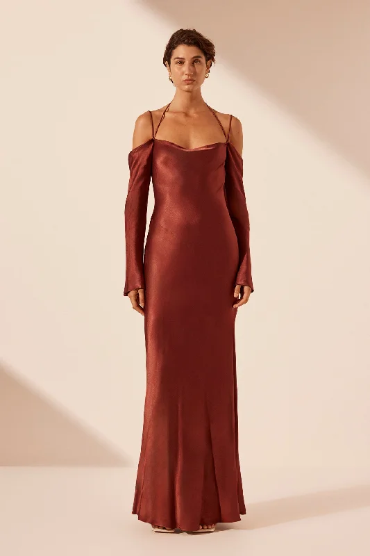 LINO OFF SHOULDER TIE MAXI DRESS - MAHOGANY