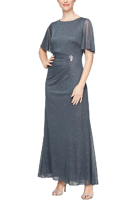 Long Glitter Mesh A-Line Dress With Embellished Ruched Waist and Flutter Sleeves