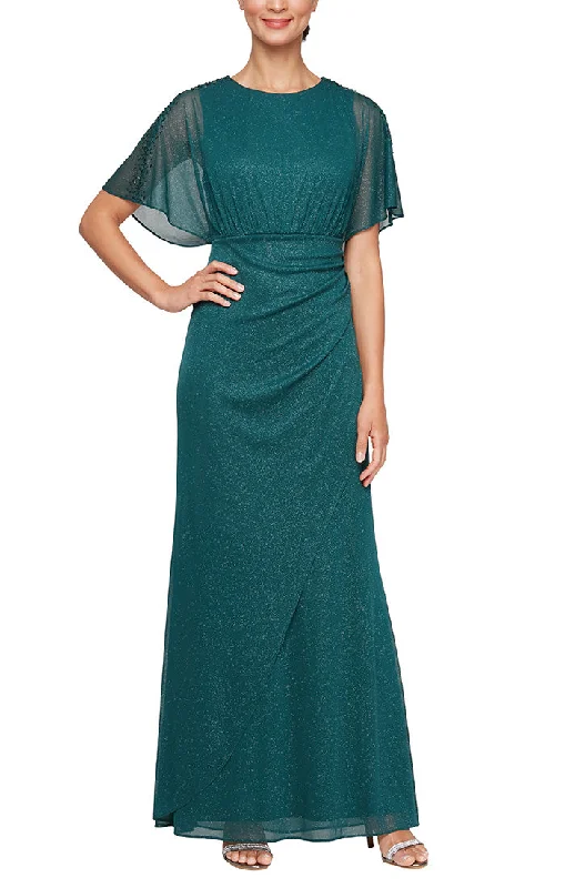 Long Empire Waist Glitter Mesh Dress with Embellished Sleeve Detail