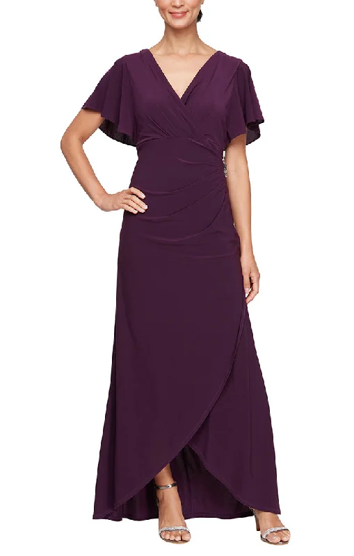 Long Empire Waist Surplice Neckline Dress with Flutter Sleeves, Beaded Detail at Hip and High/Low Hem