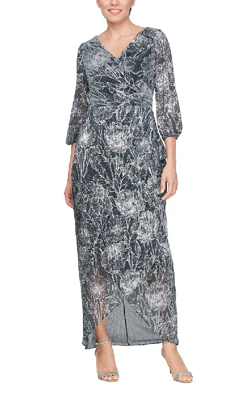 Long Foil Printed Dress with Surplice Neckline, Ruched Waist and Cascade Overlay Skirt