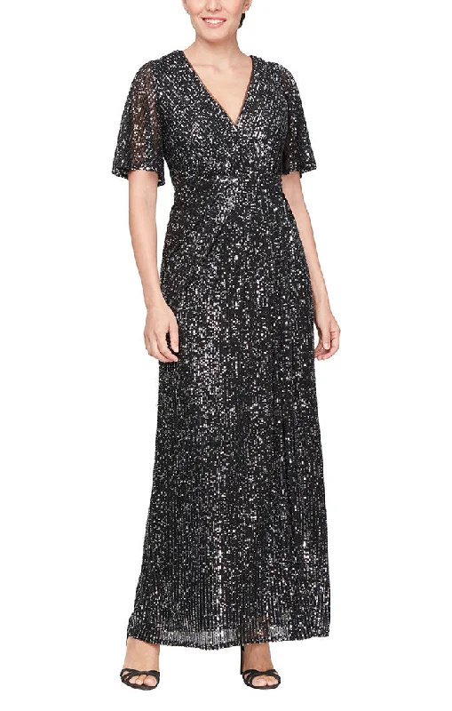 Long Sequin Surplice Neckline Dress with Elbow Flutter Sleeves