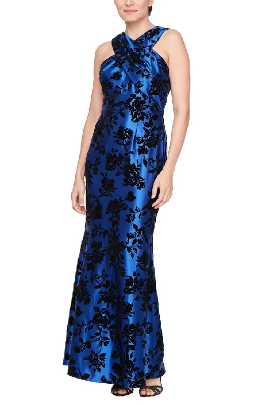 Long Sleeveless Dress with Crossover Halter Neckline and Flocking Detail