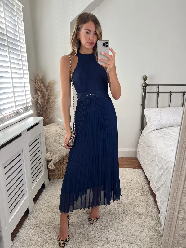 Luisa Belted Pleated Maxi Dress / Navy