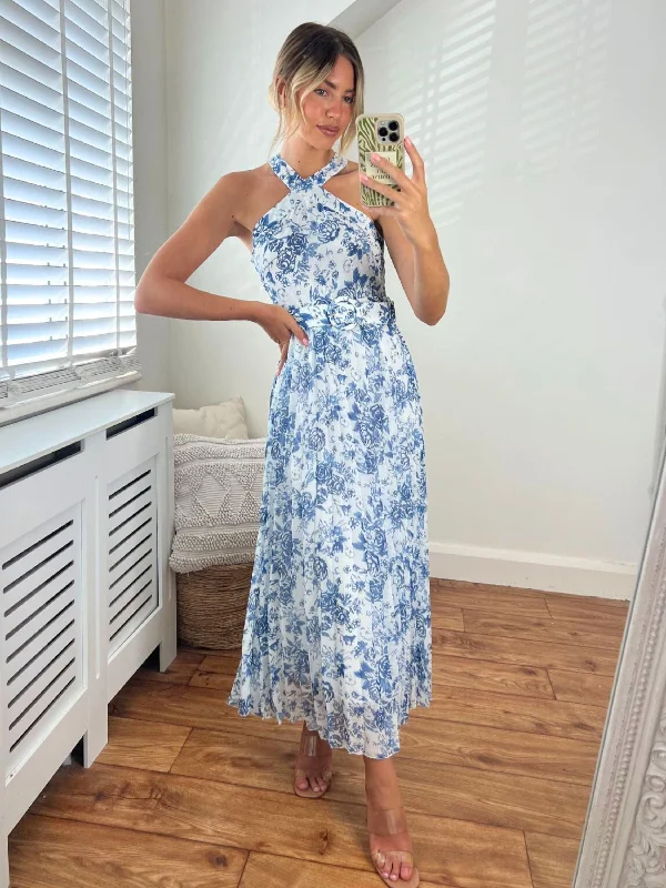 Paige Halter Pleated Belted Dress / Blue Floral