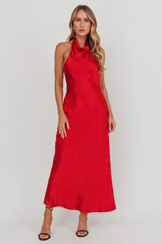 Sweetest Sundays Halterneck Open Back Dress Red