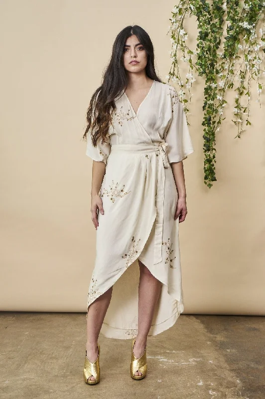 Hand Beaded Cherry Blossom Maxi Wrap in Ivory + Antique Gold