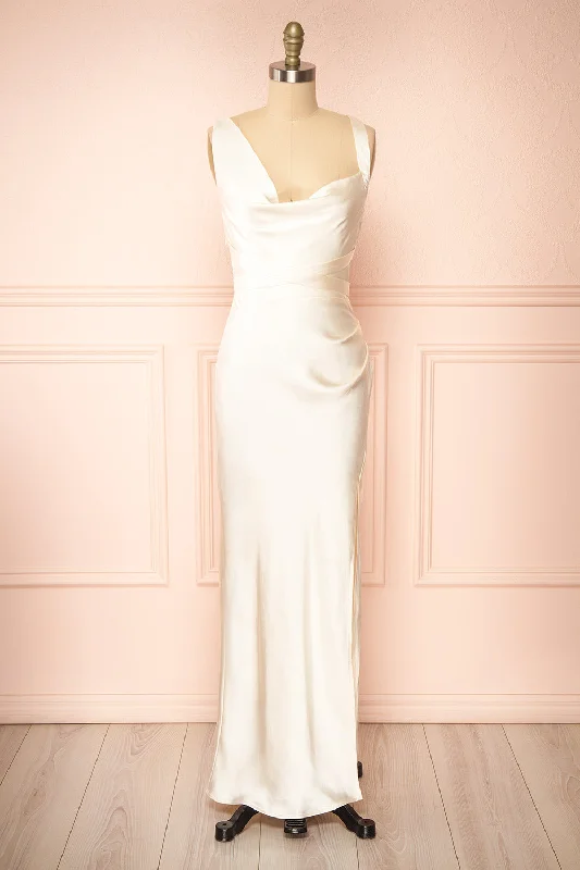 Aminata | Ivory Satin Maxi Dress w/ Slit