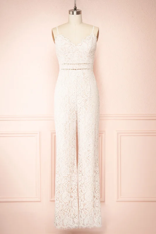 Anne-Marie | White & Beige Wide-Leg Lace Jumpsuit