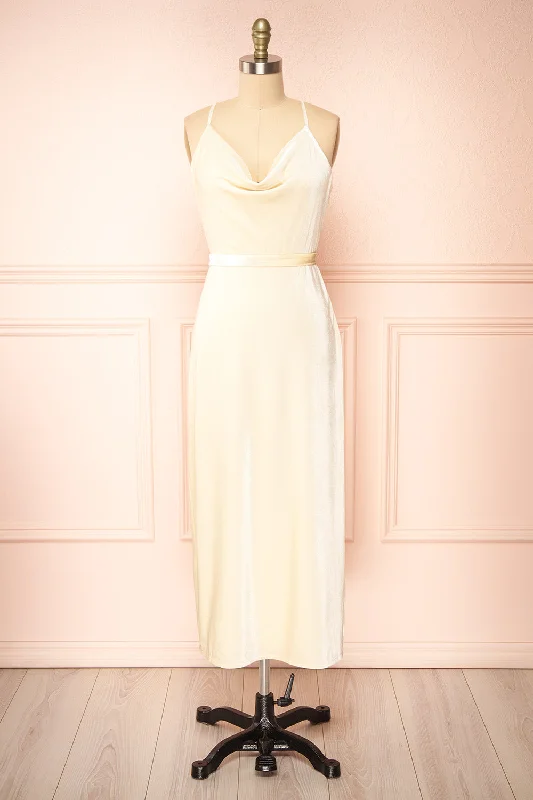 Avianna | Ivory Velvet Cowl Neck Midi Dress