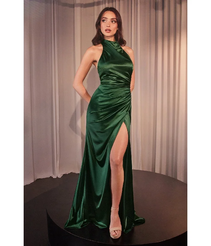 Cinderella Divine Deep Emerald Fitted Satin Halter Bridesmaid Dress