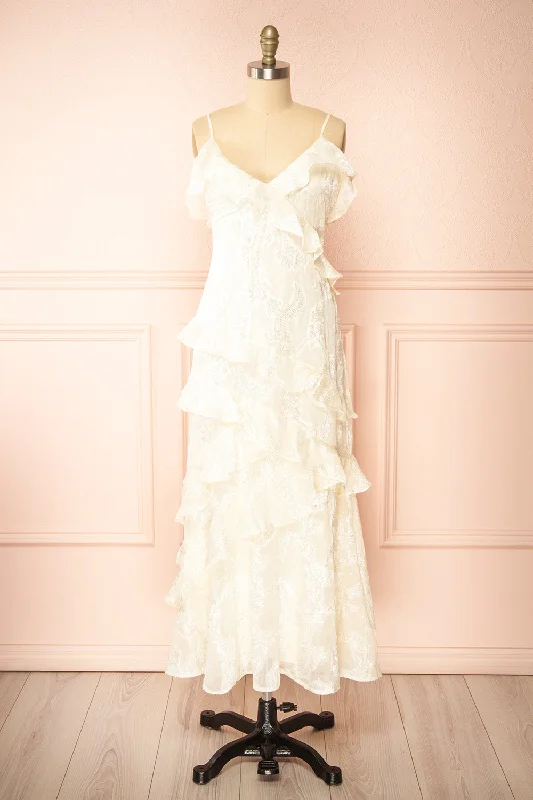 Ixilda | Long Ivory Floral Dress w/ Ruffles